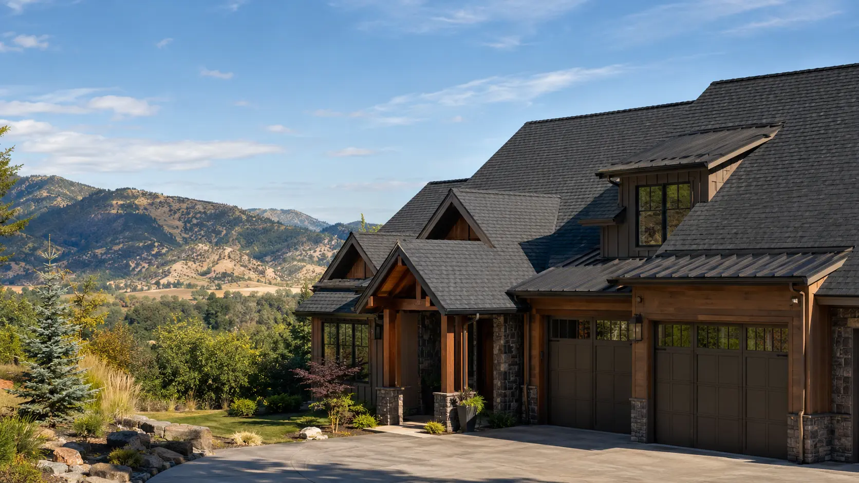 Southern Oregon-style property with a finished roof in a tree-lined landscape