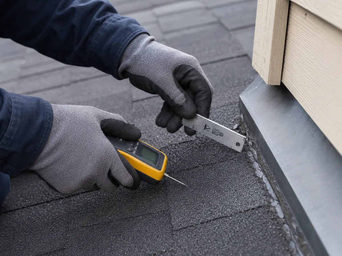 Gloved hands examining roof flashing with inspection tools