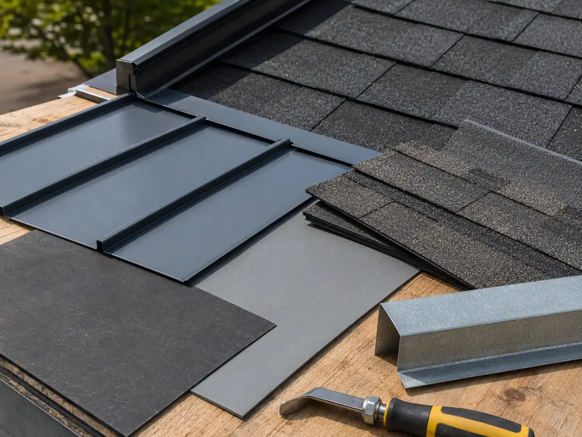 Roofing material samples including shingles and metal